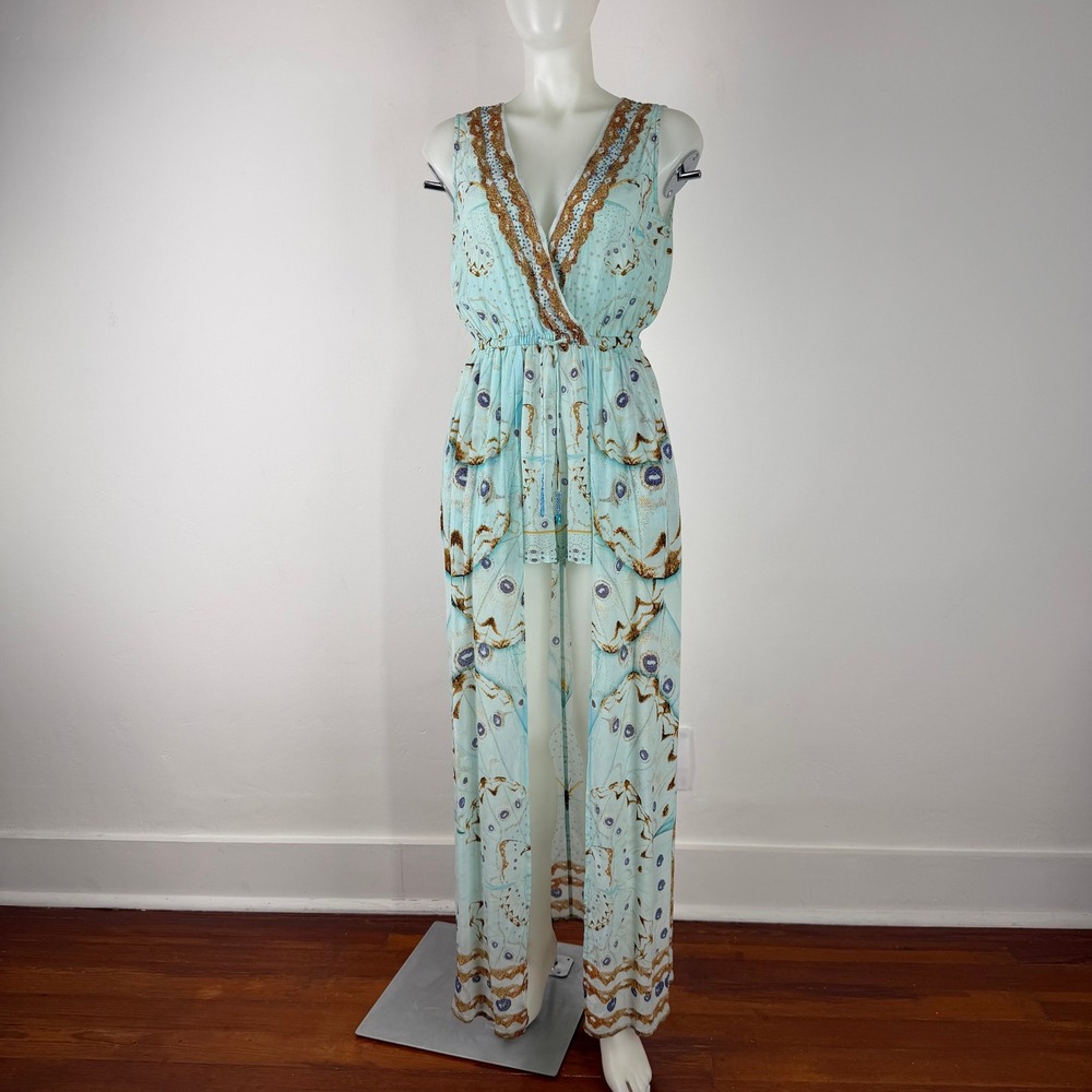 Shahida Parides Butterfly Print Embellished Romper Maxi Dress Blue